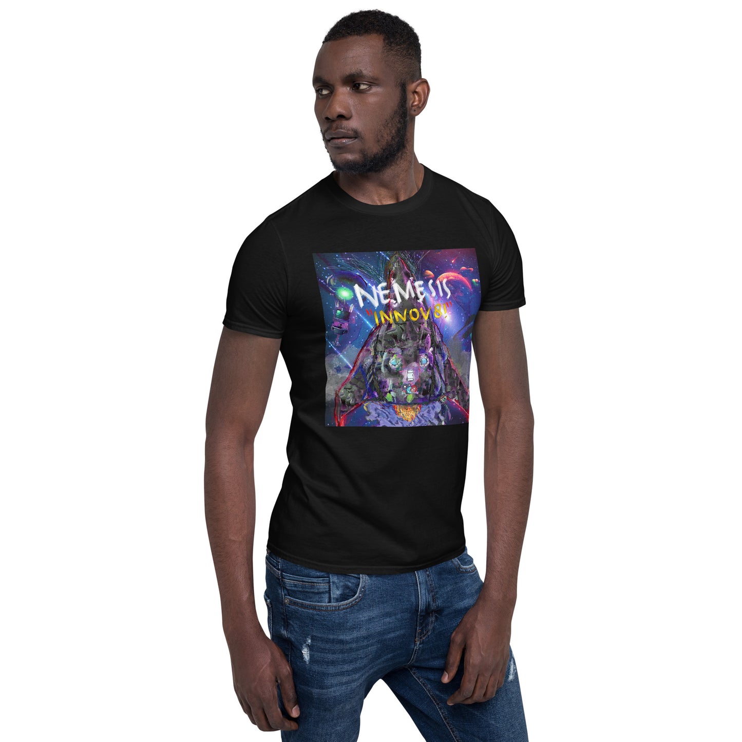 Short-Sleeve Unisex NEMESIS INNOV8! cover art T-Shirt with Print on back