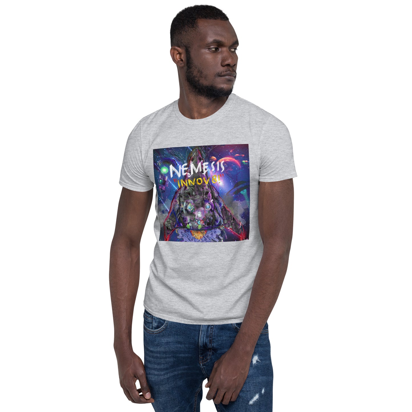 Short-Sleeve Unisex NEMESIS INNOV8! cover art T-Shirt with Print on back