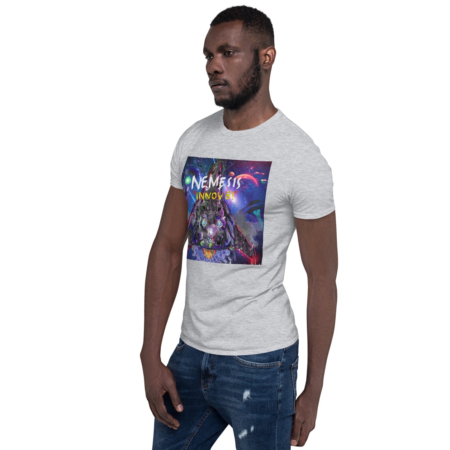 Short-Sleeve Unisex NEMESIS INNOV8! cover art T-Shirt with Print on back