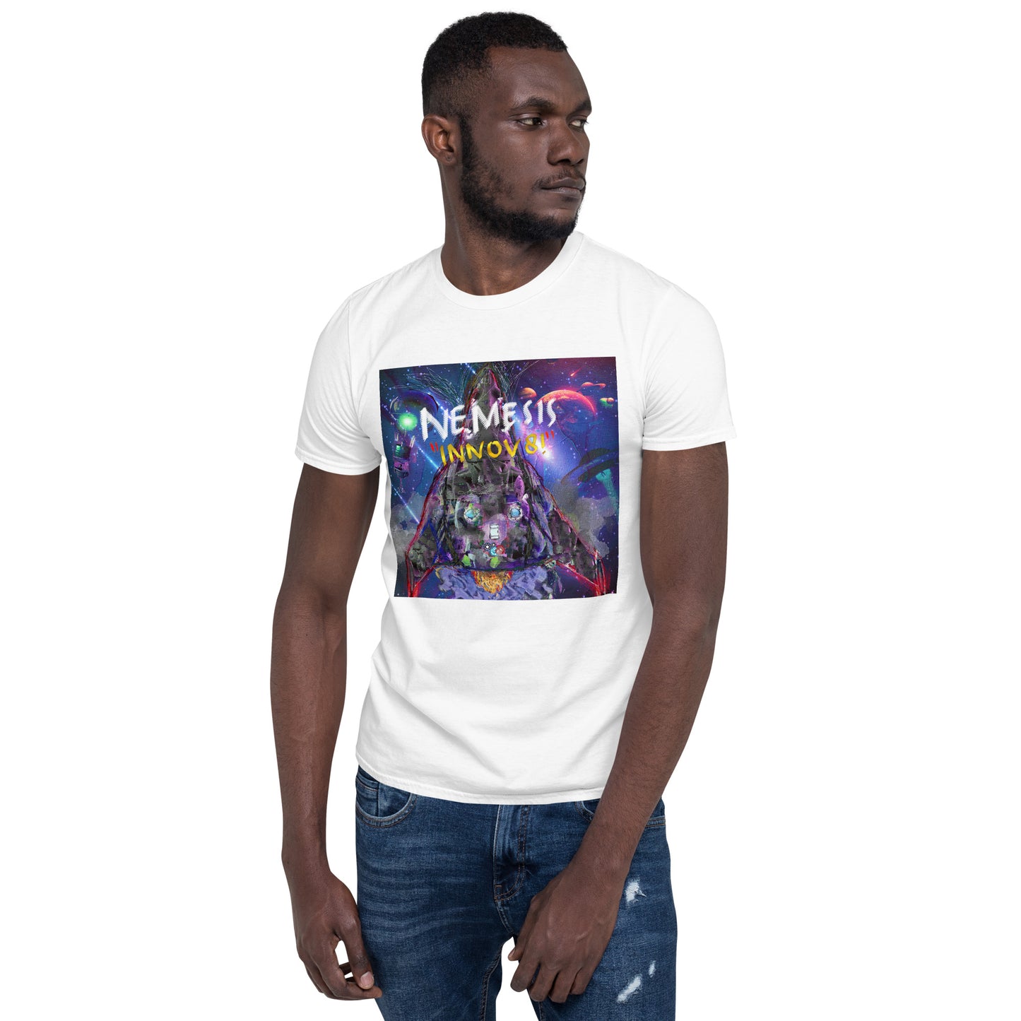 Short-Sleeve Unisex NEMESIS INNOV8! cover art T-Shirt with Print on back