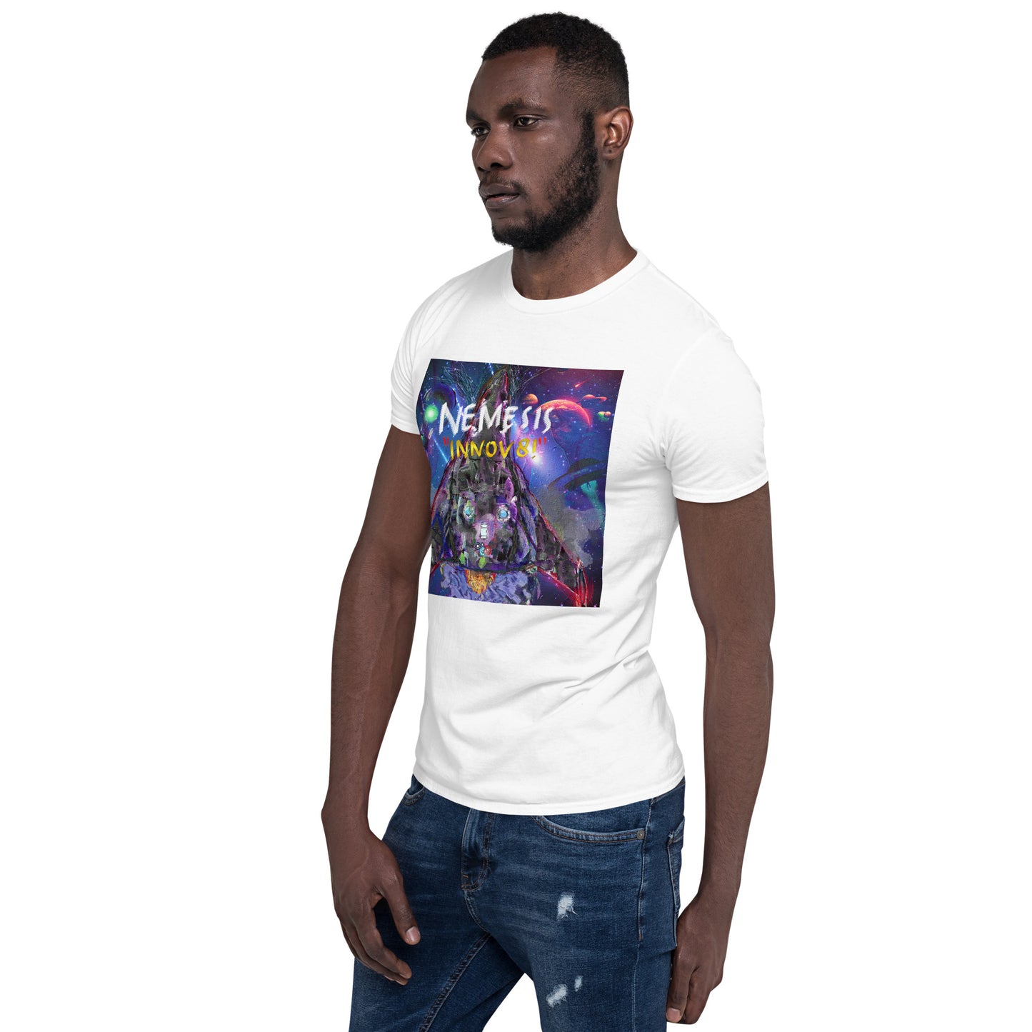 Short-Sleeve Unisex NEMESIS INNOV8! cover art T-Shirt with Print on back