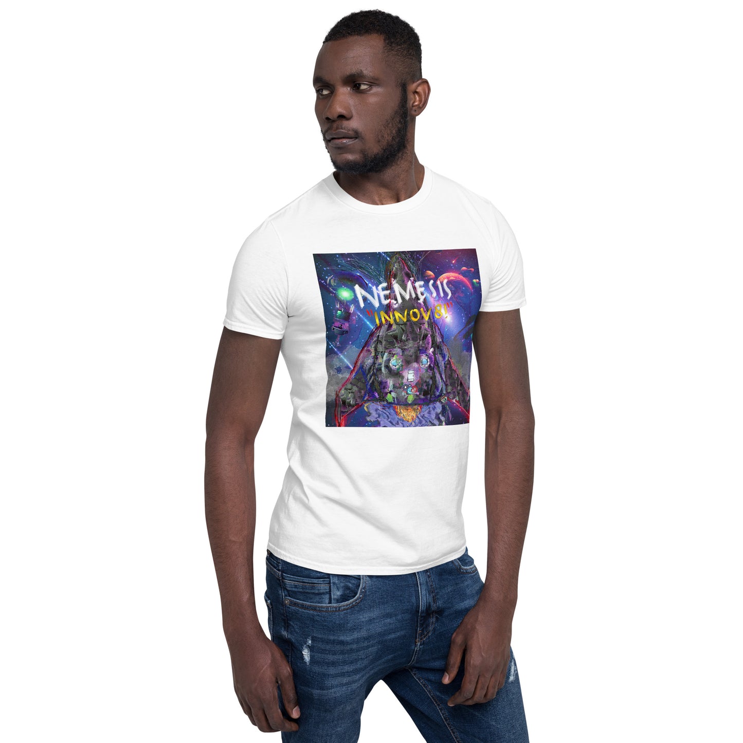 Short-Sleeve Unisex NEMESIS INNOV8! cover art T-Shirt with Print on back